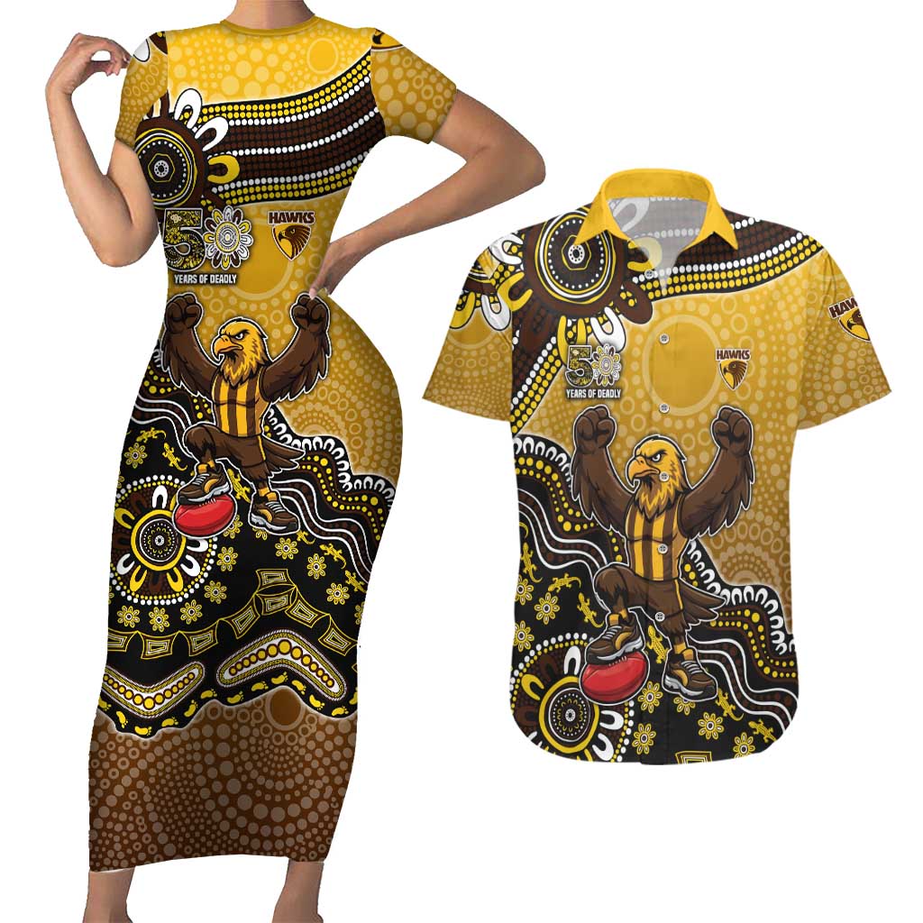 Personalized Hawks Football Mascot Couples Matching Short Sleeve Bodycon Dress and Hawaiian Shirt Aboriginal Dot Art Style Vibrant Indigenous Pattern Design