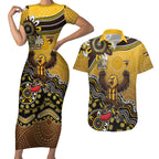 Personalized Hawks Football Mascot Couples Matching Short Sleeve Bodycon Dress and Hawaiian Shirt Aboriginal Dot Art Style Vibrant Indigenous Pattern Design