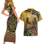 Personalized Hawks Football Mascot Couples Matching Short Sleeve Bodycon Dress and Hawaiian Shirt Aboriginal Dot Art Style Vibrant Indigenous Pattern Design