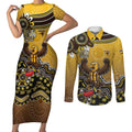 Personalized Hawks Football Mascot Couples Matching Short Sleeve Bodycon Dress and Long Sleeve Button Shirt Aboriginal Dot Art Style Vibrant Indigenous Pattern Design
