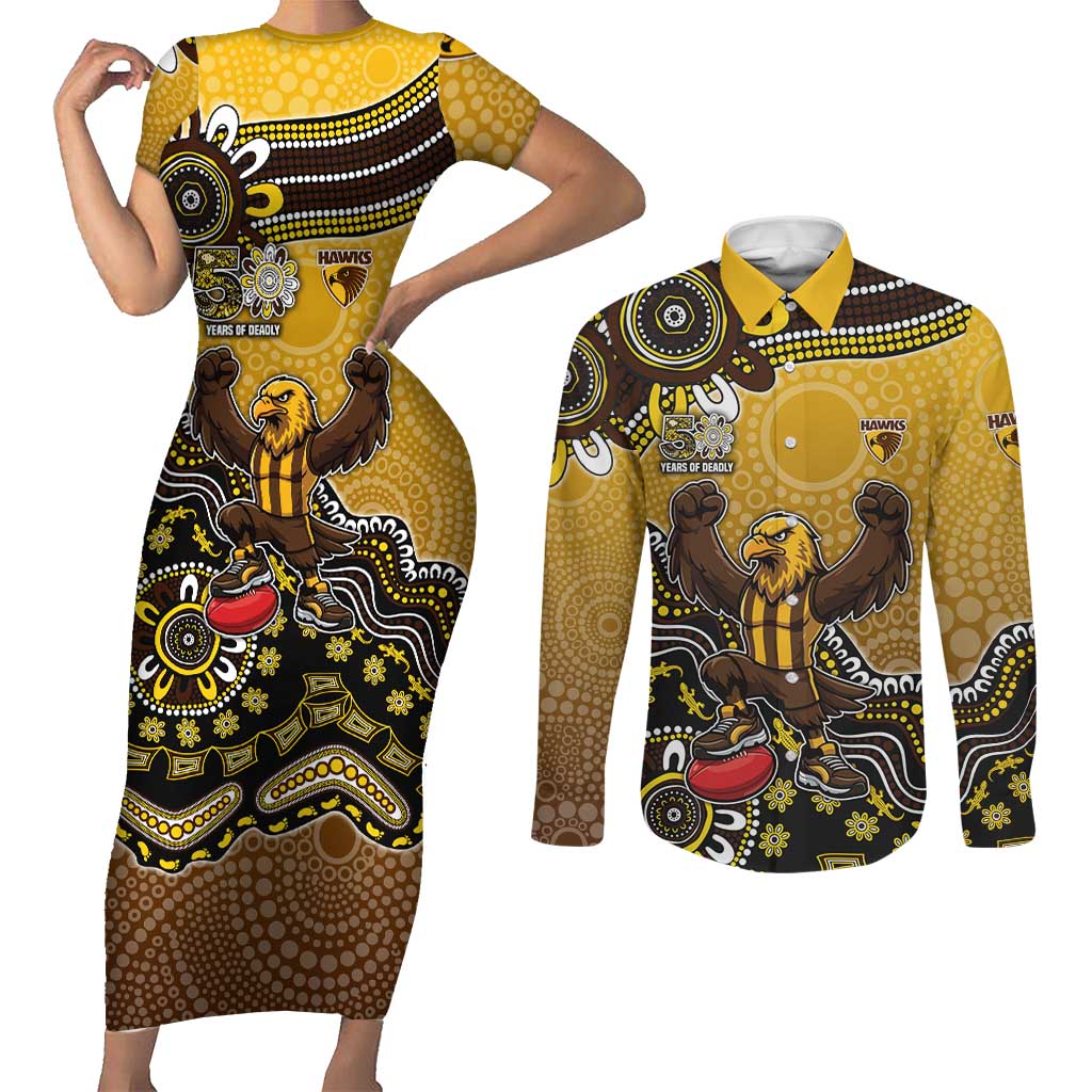 Personalized Hawks Football Mascot Couples Matching Short Sleeve Bodycon Dress and Long Sleeve Button Shirt Aboriginal Dot Art Style Vibrant Indigenous Pattern Design