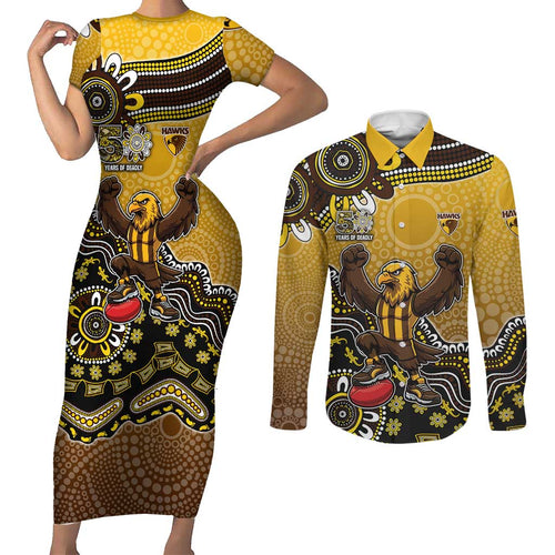 Personalized Hawks Football Mascot Couples Matching Short Sleeve Bodycon Dress and Long Sleeve Button Shirt Aboriginal Dot Art Style Vibrant Indigenous Pattern Design