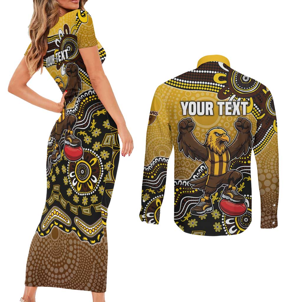 Personalized Hawks Football Mascot Couples Matching Short Sleeve Bodycon Dress and Long Sleeve Button Shirt Aboriginal Dot Art Style Vibrant Indigenous Pattern Design