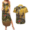 Personalized Hawks Football Mascot Couples Matching Summer Maxi Dress and Hawaiian Shirt Aboriginal Dot Art Style Vibrant Indigenous Pattern Design