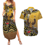 Personalized Hawks Football Mascot Couples Matching Summer Maxi Dress and Hawaiian Shirt Aboriginal Dot Art Style Vibrant Indigenous Pattern Design