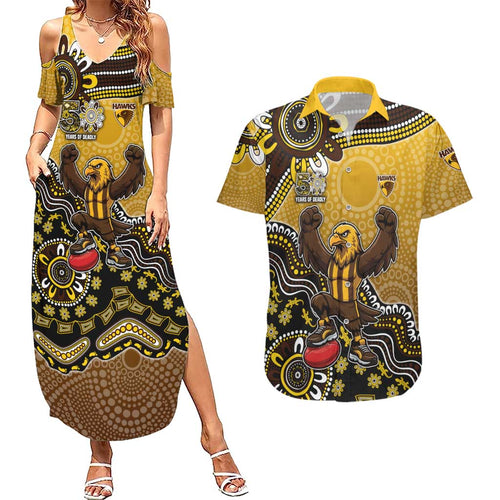 Personalized Hawks Football Mascot Couples Matching Summer Maxi Dress and Hawaiian Shirt Aboriginal Dot Art Style Vibrant Indigenous Pattern Design