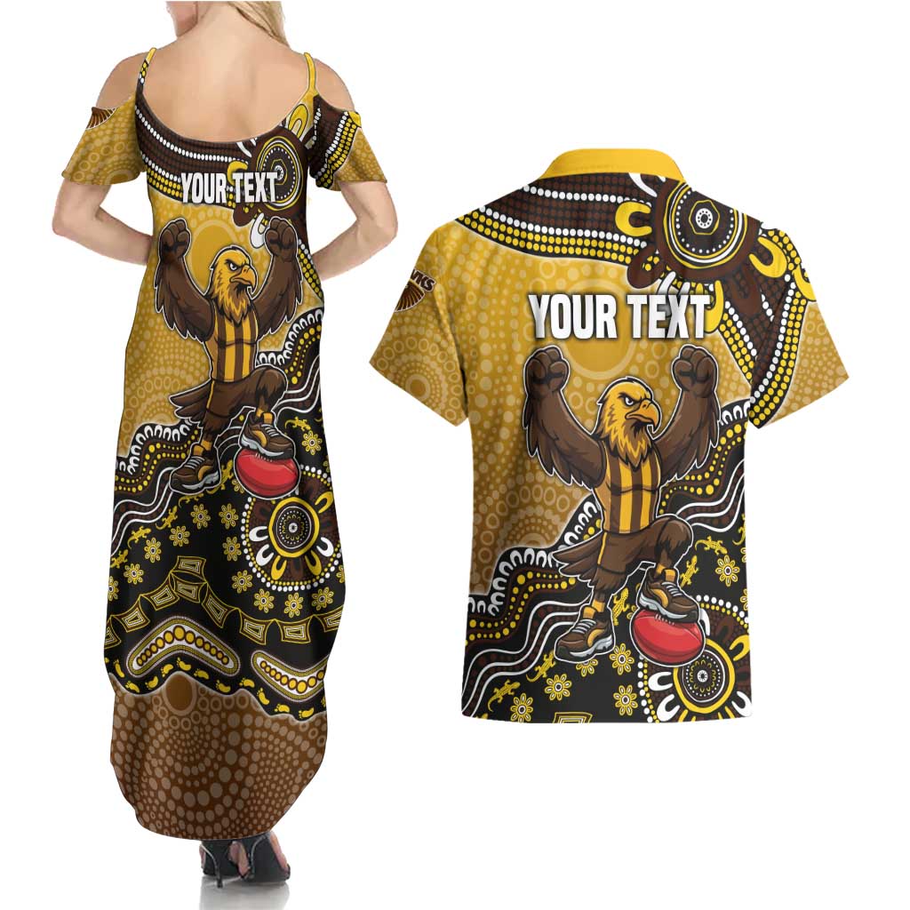 Personalized Hawks Football Mascot Couples Matching Summer Maxi Dress and Hawaiian Shirt Aboriginal Dot Art Style Vibrant Indigenous Pattern Design