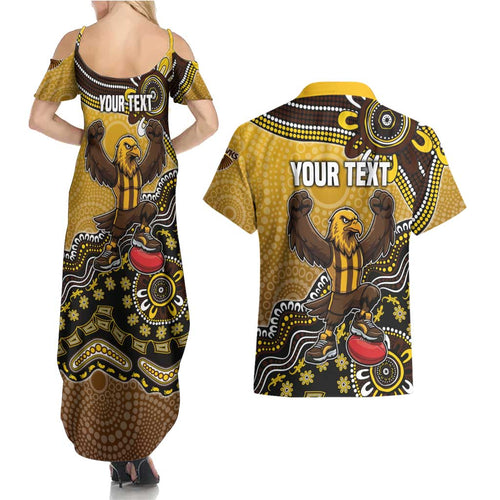 Personalized Hawks Football Mascot Couples Matching Summer Maxi Dress and Hawaiian Shirt Aboriginal Dot Art Style Vibrant Indigenous Pattern Design