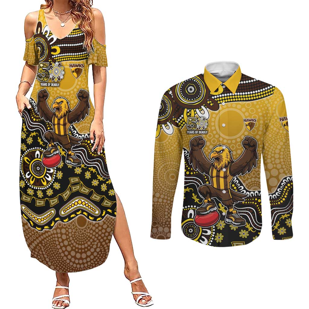 Personalized Hawks Football Mascot Couples Matching Summer Maxi Dress and Long Sleeve Button Shirt Aboriginal Dot Art Style Vibrant Indigenous Pattern Design
