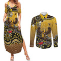 Personalized Hawks Football Mascot Couples Matching Summer Maxi Dress and Long Sleeve Button Shirt Aboriginal Dot Art Style Vibrant Indigenous Pattern Design