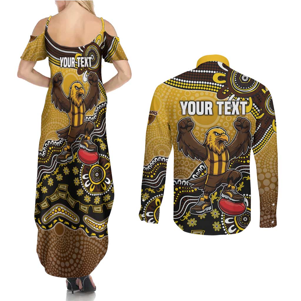 Personalized Hawks Football Mascot Couples Matching Summer Maxi Dress and Long Sleeve Button Shirt Aboriginal Dot Art Style Vibrant Indigenous Pattern Design