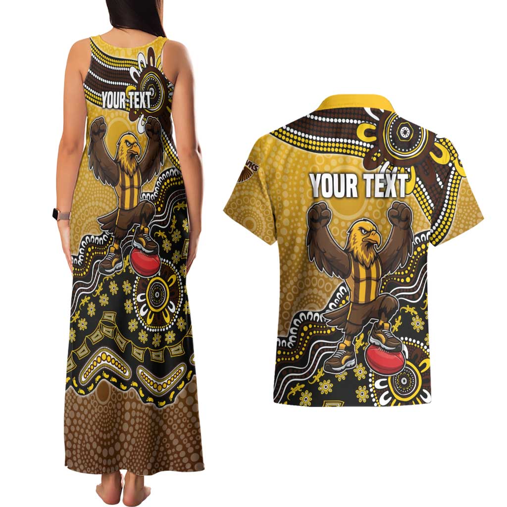 Personalized Hawks Football Mascot Couples Matching Tank Maxi Dress and Hawaiian Shirt Aboriginal Dot Art Style Vibrant Indigenous Pattern Design