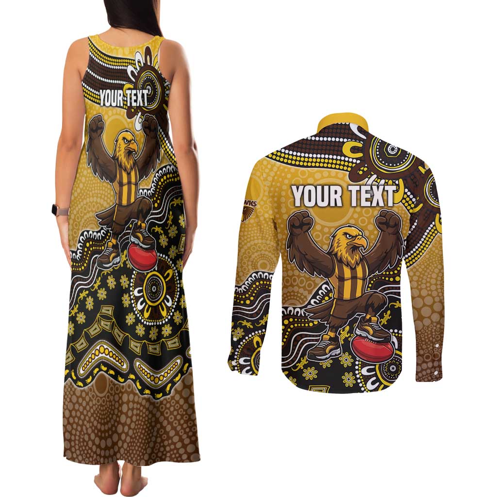 Personalized Hawks Football Mascot Couples Matching Tank Maxi Dress and Long Sleeve Button Shirt Aboriginal Dot Art Style Vibrant Indigenous Pattern Design