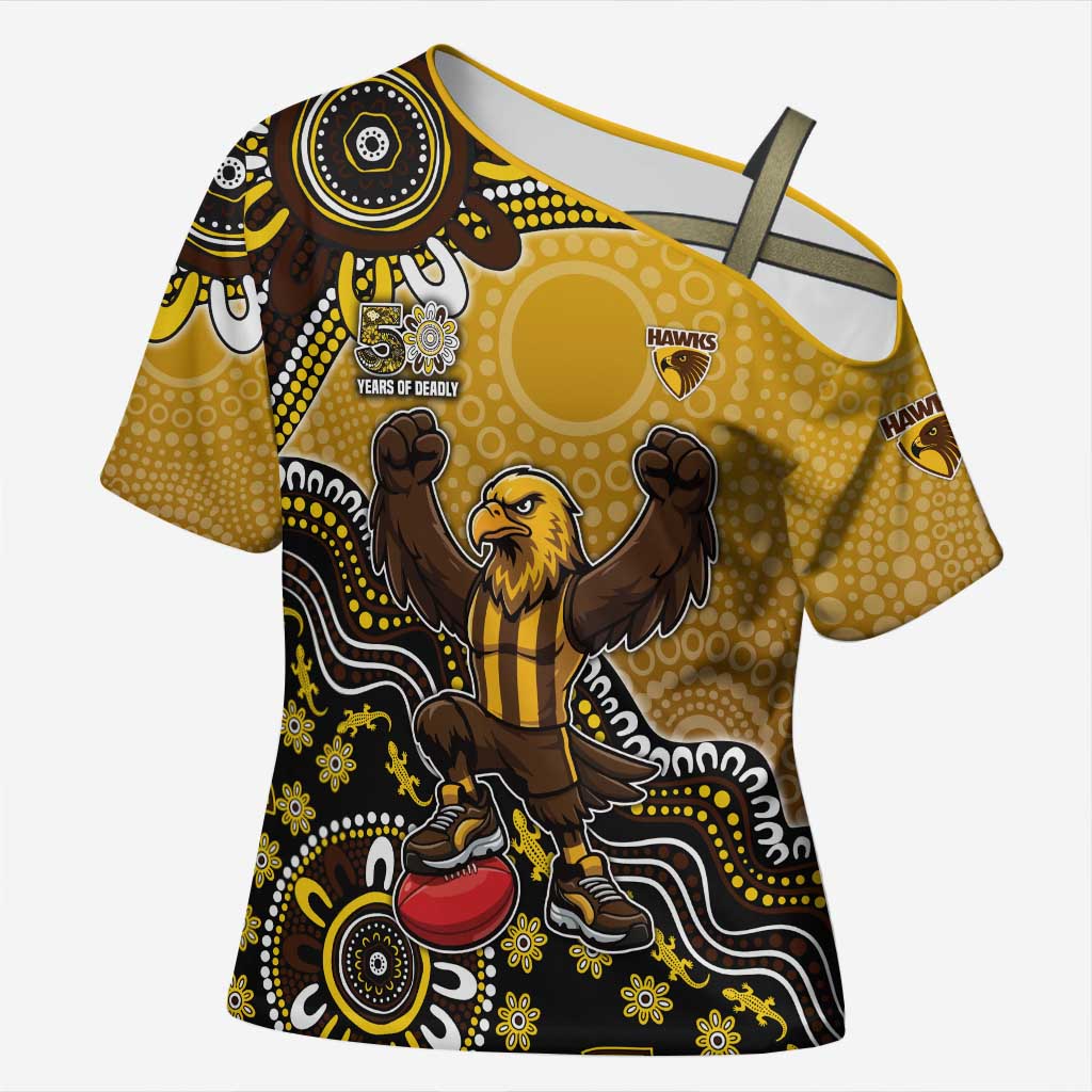 Personalized Hawks Football Mascot Cross Shoulder Shirt Aboriginal Dot Art Style Vibrant Indigenous Pattern Design