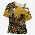 Personalized Hawks Football Mascot Cross Shoulder Shirt Aboriginal Dot Art Style Vibrant Indigenous Pattern Design