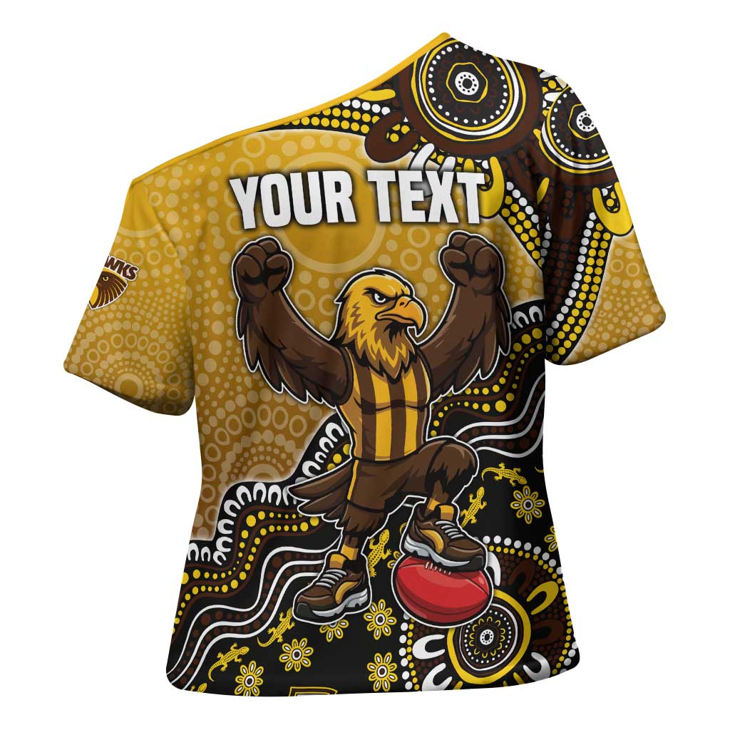 Personalized Hawks Football Mascot Cross Shoulder Shirt Aboriginal Dot Art Style Vibrant Indigenous Pattern Design
