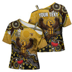 Personalized Hawks Football Mascot Cross Shoulder Shirt Aboriginal Dot Art Style Vibrant Indigenous Pattern Design