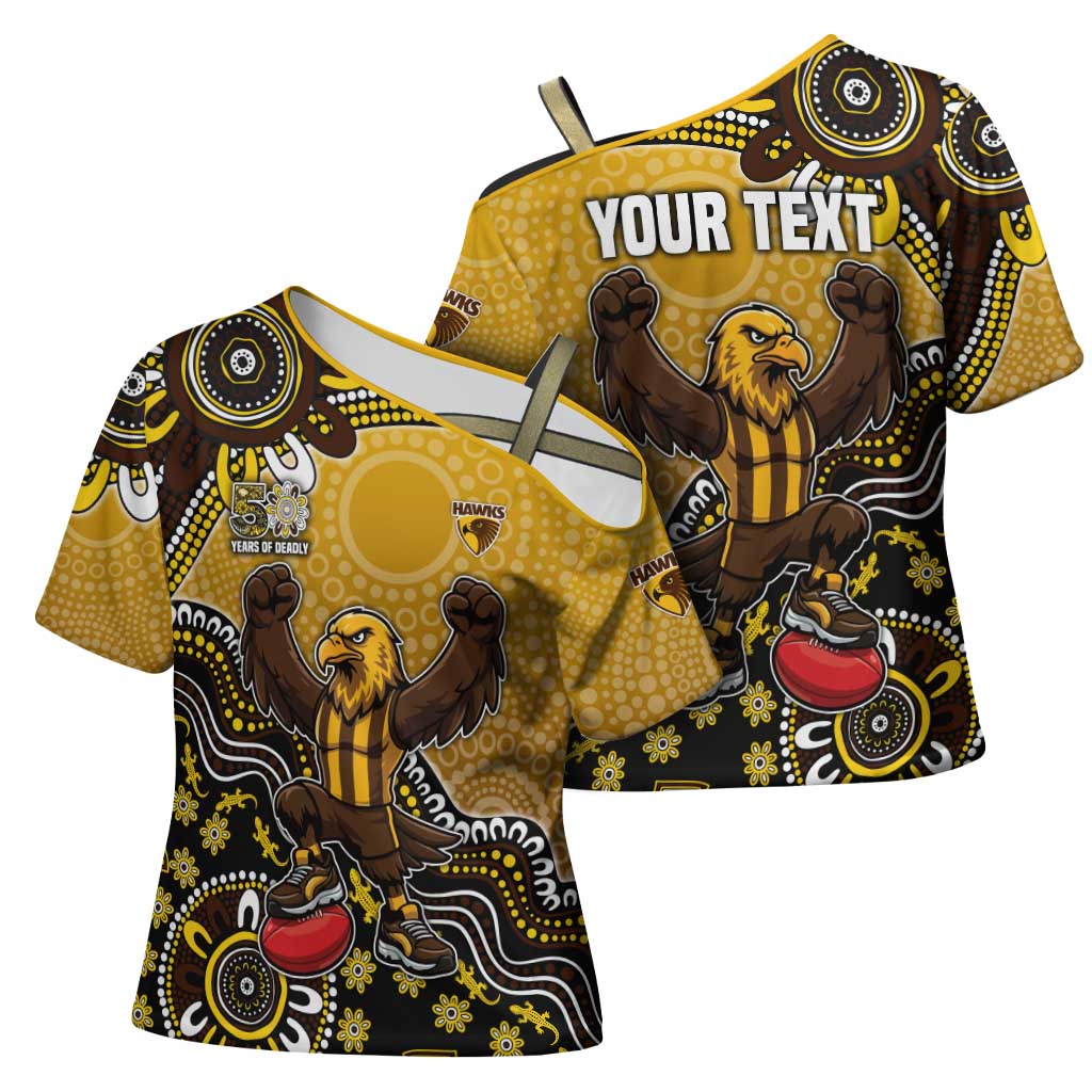 Personalized Hawks Football Mascot Cross Shoulder Shirt Aboriginal Dot Art Style Vibrant Indigenous Pattern Design