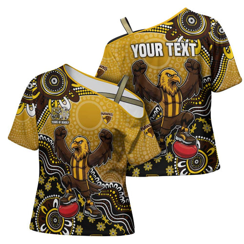 Personalized Hawks Football Mascot Cross Shoulder Shirt Aboriginal Dot Art Style Vibrant Indigenous Pattern Design
