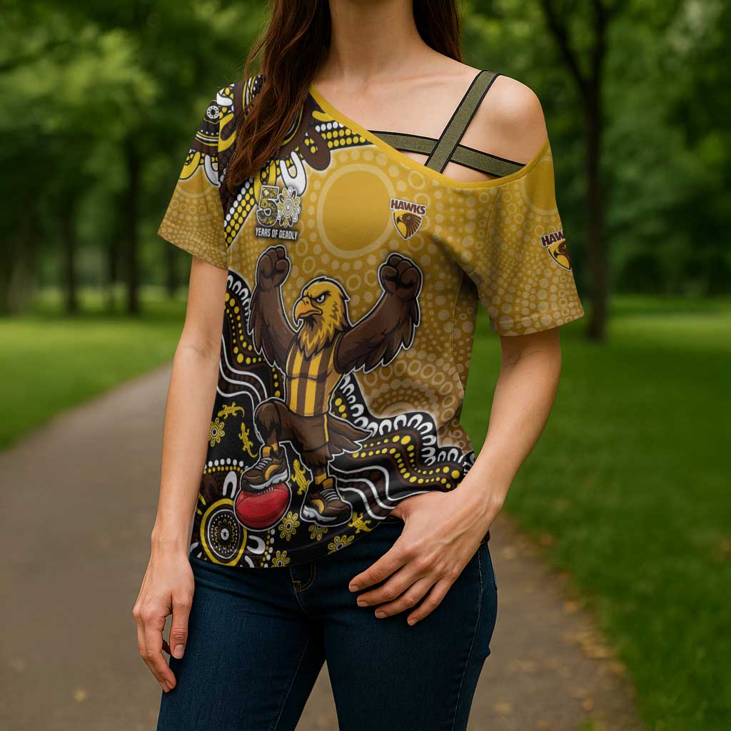 Personalized Hawks Football Mascot Cross Shoulder Shirt Aboriginal Dot Art Style Vibrant Indigenous Pattern Design