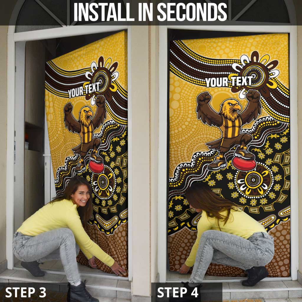 Personalized Hawks Football Mascot Door Cover Aboriginal Dot Art Style Vibrant Indigenous Pattern Design