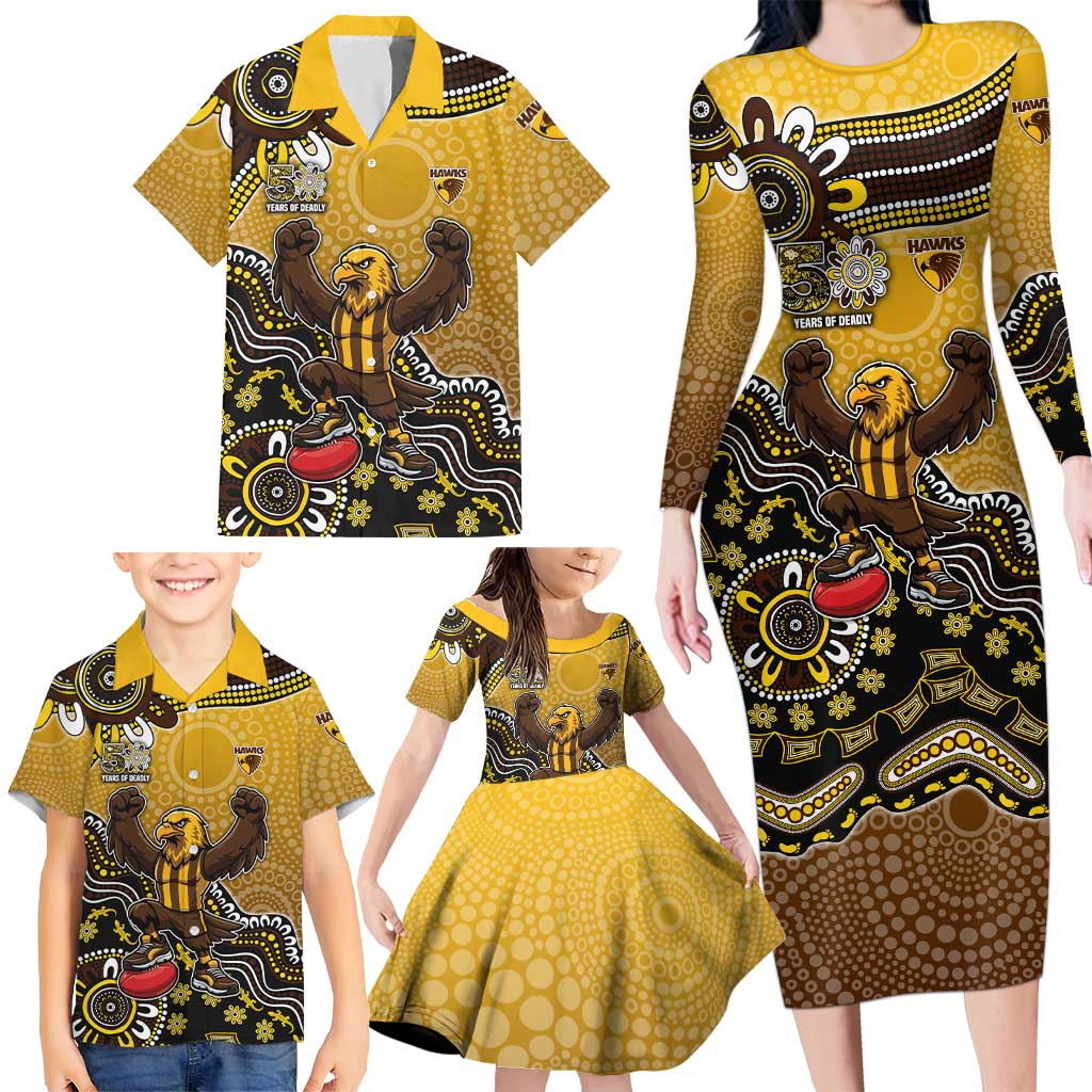 Personalized Hawks Football Mascot Family Matching Long Sleeve Bodycon Dress and Hawaiian Shirt Aboriginal Dot Art Style Vibrant Indigenous Pattern Design