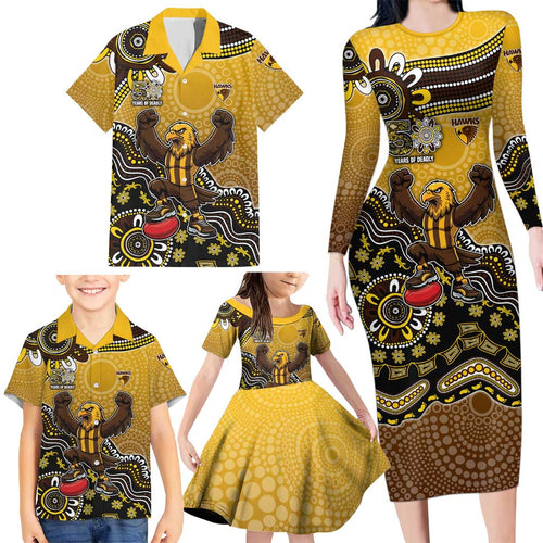 Personalized Hawks Football Mascot Family Matching Long Sleeve Bodycon Dress and Hawaiian Shirt Aboriginal Dot Art Style Vibrant Indigenous Pattern Design