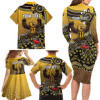Personalized Hawks Football Mascot Family Matching Long Sleeve Bodycon Dress and Hawaiian Shirt Aboriginal Dot Art Style Vibrant Indigenous Pattern Design