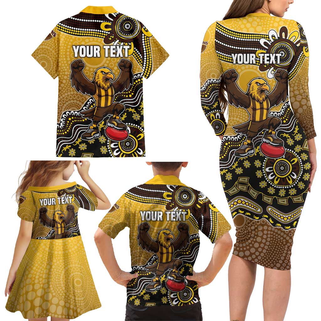 Personalized Hawks Football Mascot Family Matching Long Sleeve Bodycon Dress and Hawaiian Shirt Aboriginal Dot Art Style Vibrant Indigenous Pattern Design