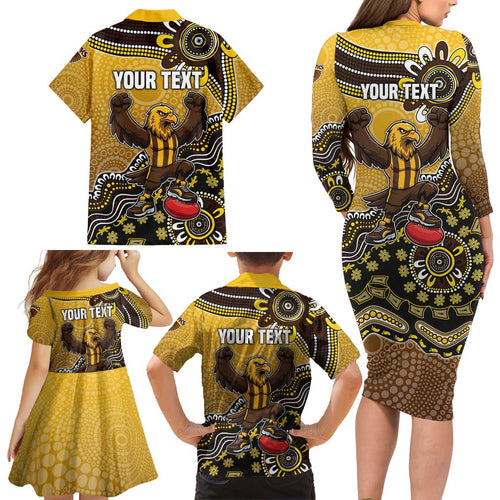 Personalized Hawks Football Mascot Family Matching Long Sleeve Bodycon Dress and Hawaiian Shirt Aboriginal Dot Art Style Vibrant Indigenous Pattern Design