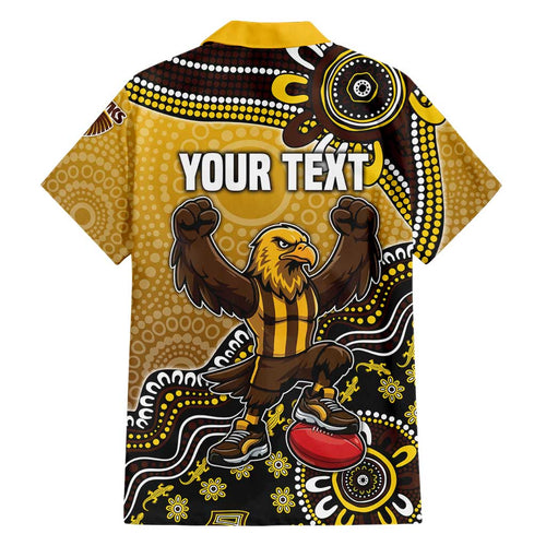 Personalized Hawks Football Mascot Family Matching Long Sleeve Bodycon Dress and Hawaiian Shirt Aboriginal Dot Art Style Vibrant Indigenous Pattern Design