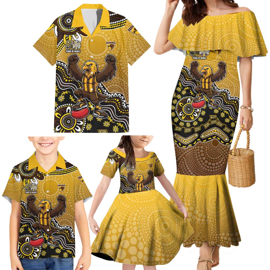 Personalized Hawks Football Mascot Family Matching Mermaid Dress and Hawaiian Shirt Aboriginal Dot Art Style Vibrant Indigenous Pattern Design