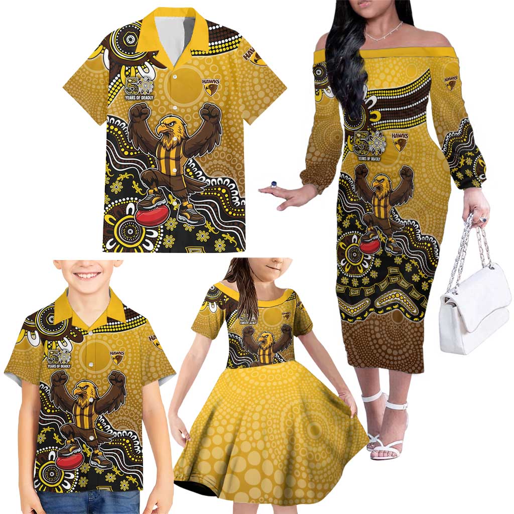 Personalized Hawks Football Mascot Family Matching Off The Shoulder Long Sleeve Dress and Hawaiian Shirt Aboriginal Dot Art Style Vibrant Indigenous Pattern Design