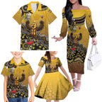 Personalized Hawks Football Mascot Family Matching Off The Shoulder Long Sleeve Dress and Hawaiian Shirt Aboriginal Dot Art Style Vibrant Indigenous Pattern Design