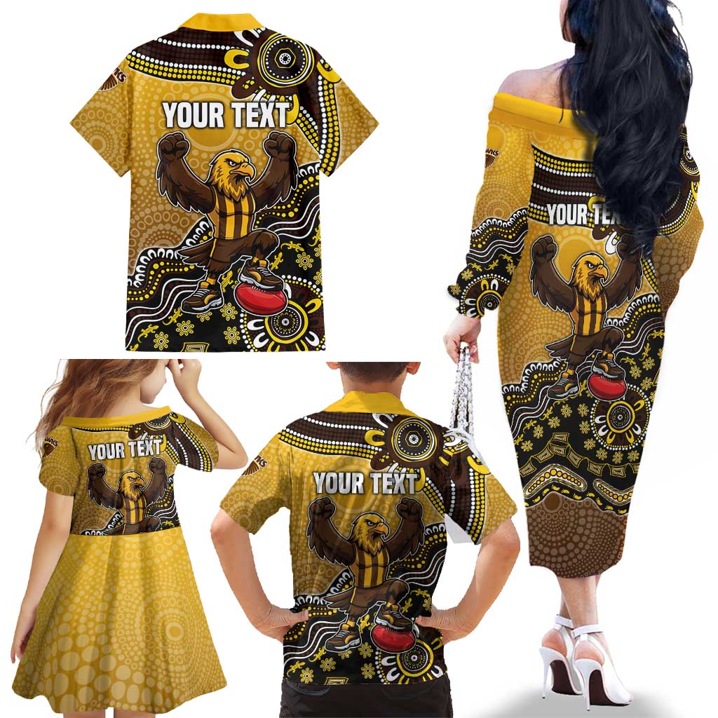 Personalized Hawks Football Mascot Family Matching Off The Shoulder Long Sleeve Dress and Hawaiian Shirt Aboriginal Dot Art Style Vibrant Indigenous Pattern Design
