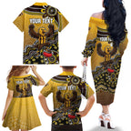 Personalized Hawks Football Mascot Family Matching Off The Shoulder Long Sleeve Dress and Hawaiian Shirt Aboriginal Dot Art Style Vibrant Indigenous Pattern Design