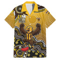 Personalized Hawks Football Mascot Family Matching Off The Shoulder Long Sleeve Dress and Hawaiian Shirt Aboriginal Dot Art Style Vibrant Indigenous Pattern Design