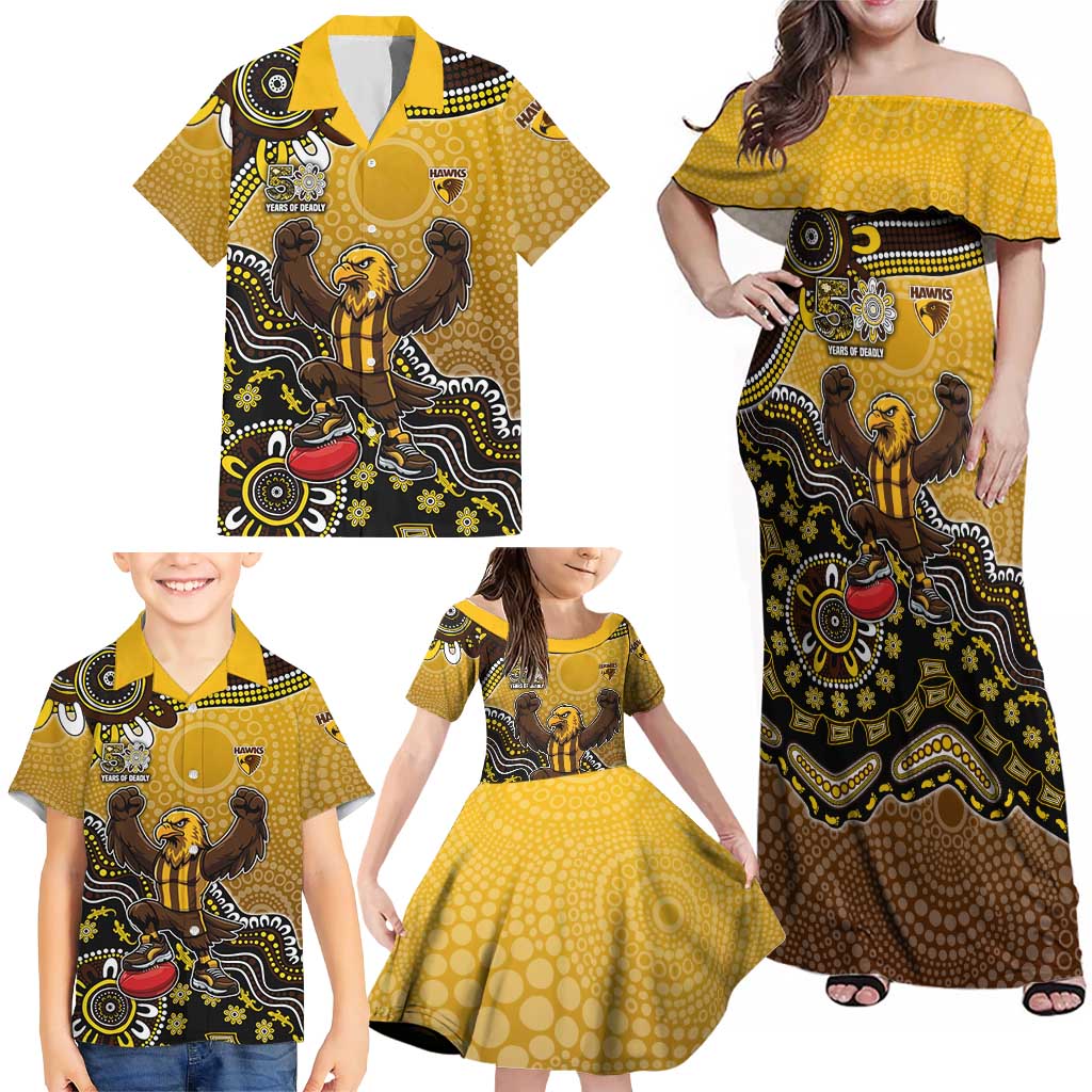 Personalized Hawks Football Mascot Family Matching Off Shoulder Maxi Dress and Hawaiian Shirt Aboriginal Dot Art Style Vibrant Indigenous Pattern Design