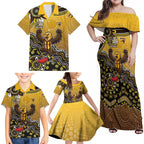 Personalized Hawks Football Mascot Family Matching Off Shoulder Maxi Dress and Hawaiian Shirt Aboriginal Dot Art Style Vibrant Indigenous Pattern Design