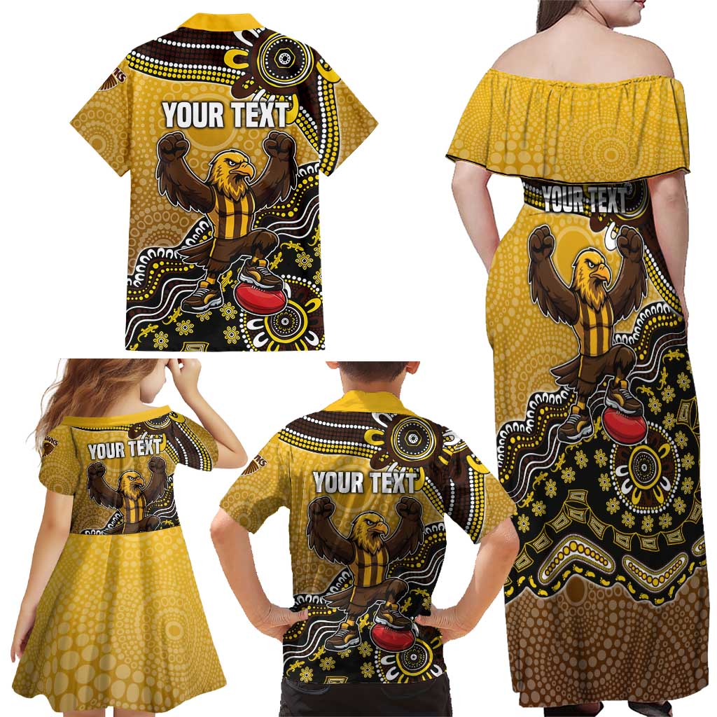 Personalized Hawks Football Mascot Family Matching Off Shoulder Maxi Dress and Hawaiian Shirt Aboriginal Dot Art Style Vibrant Indigenous Pattern Design