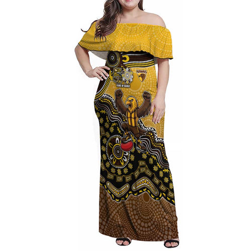Personalized Hawks Football Mascot Family Matching Off Shoulder Maxi Dress and Hawaiian Shirt Aboriginal Dot Art Style Vibrant Indigenous Pattern Design