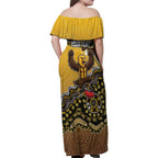 Personalized Hawks Football Mascot Family Matching Off Shoulder Maxi Dress and Hawaiian Shirt Aboriginal Dot Art Style Vibrant Indigenous Pattern Design