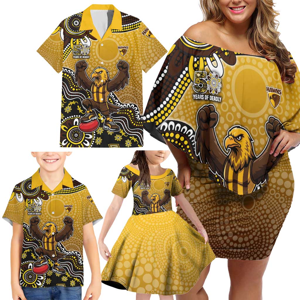 Personalized Hawks Football Mascot Family Matching Off Shoulder Short Dress and Hawaiian Shirt Aboriginal Dot Art Style Vibrant Indigenous Pattern Design