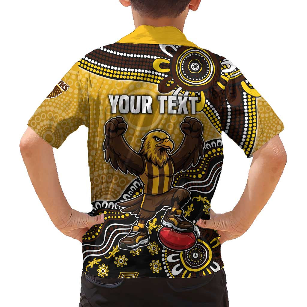 Personalized Hawks Football Mascot Family Matching Off Shoulder Short Dress and Hawaiian Shirt Aboriginal Dot Art Style Vibrant Indigenous Pattern Design