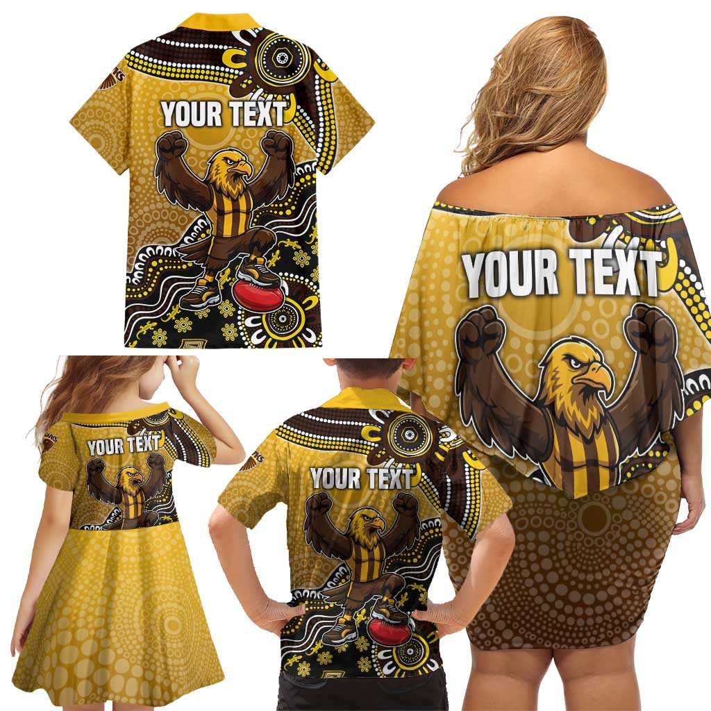 Personalized Hawks Football Mascot Family Matching Off Shoulder Short Dress and Hawaiian Shirt Aboriginal Dot Art Style Vibrant Indigenous Pattern Design