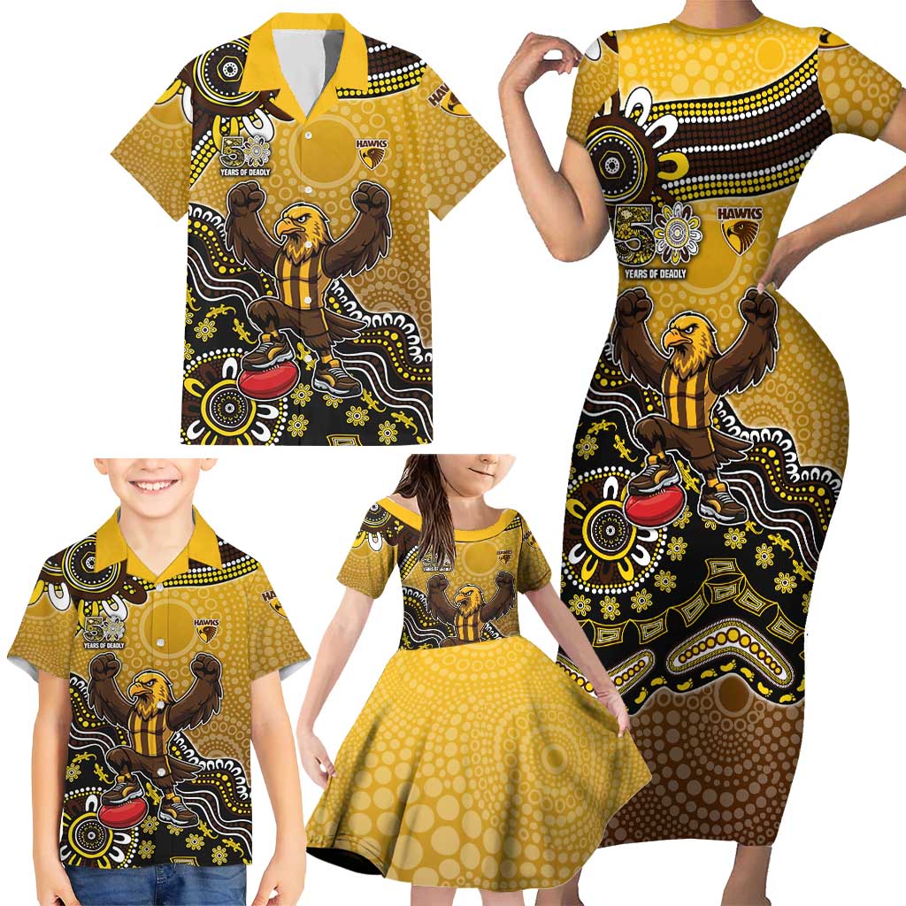 Personalized Hawks Football Mascot Family Matching Short Sleeve Bodycon Dress and Hawaiian Shirt Aboriginal Dot Art Style Vibrant Indigenous Pattern Design