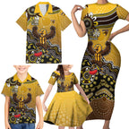 Personalized Hawks Football Mascot Family Matching Short Sleeve Bodycon Dress and Hawaiian Shirt Aboriginal Dot Art Style Vibrant Indigenous Pattern Design
