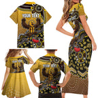 Personalized Hawks Football Mascot Family Matching Short Sleeve Bodycon Dress and Hawaiian Shirt Aboriginal Dot Art Style Vibrant Indigenous Pattern Design