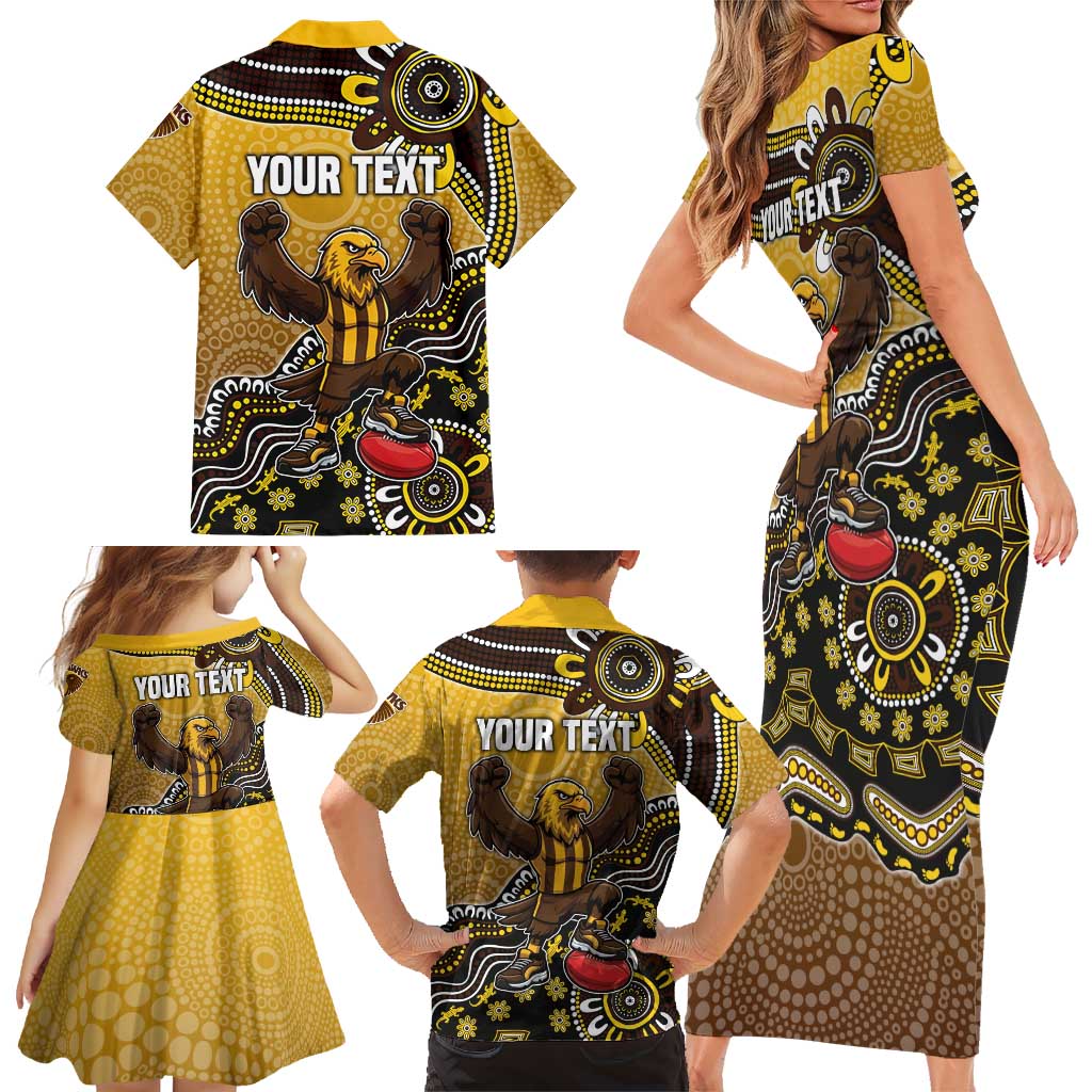 Personalized Hawks Football Mascot Family Matching Short Sleeve Bodycon Dress and Hawaiian Shirt Aboriginal Dot Art Style Vibrant Indigenous Pattern Design