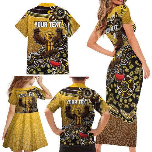Personalized Hawks Football Mascot Family Matching Short Sleeve Bodycon Dress and Hawaiian Shirt Aboriginal Dot Art Style Vibrant Indigenous Pattern Design